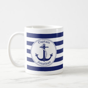 Nautical Anchor Navy Blue Captain Personalised Coffee Mug