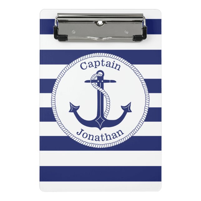 Nautical Anchor Navy Blue Captain Personalised Mini Clipboard (Front)