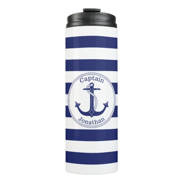 Nautical Anchor Navy Blue Captain Personalised Thermal Tumbler (Front)