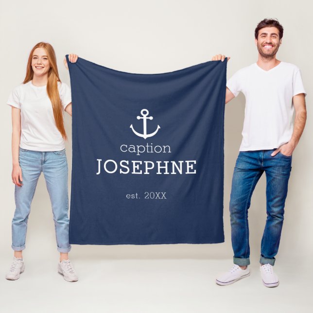 Nautical Anchor Navy Blue Caption Personalised Fleece Blanket (In Situ)