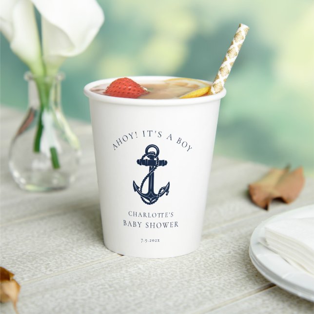 Nautical Anchor Navy Blue Coastal Boy Baby Shower Paper Cups (Insitu)