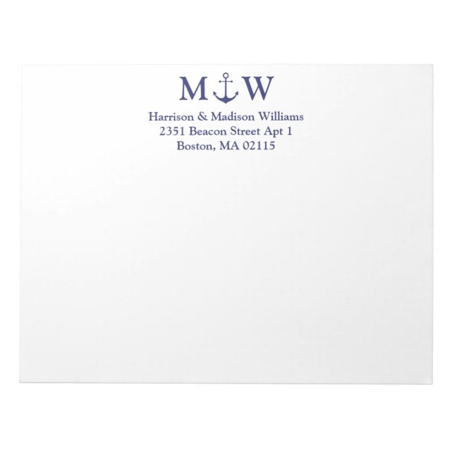 Nautical anchor navy blue couple monogram initials notepad (Front)