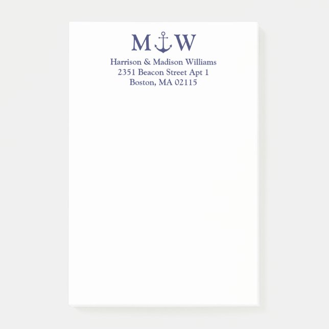 Nautical anchor navy blue couple monogram initials post-it notes (Front)