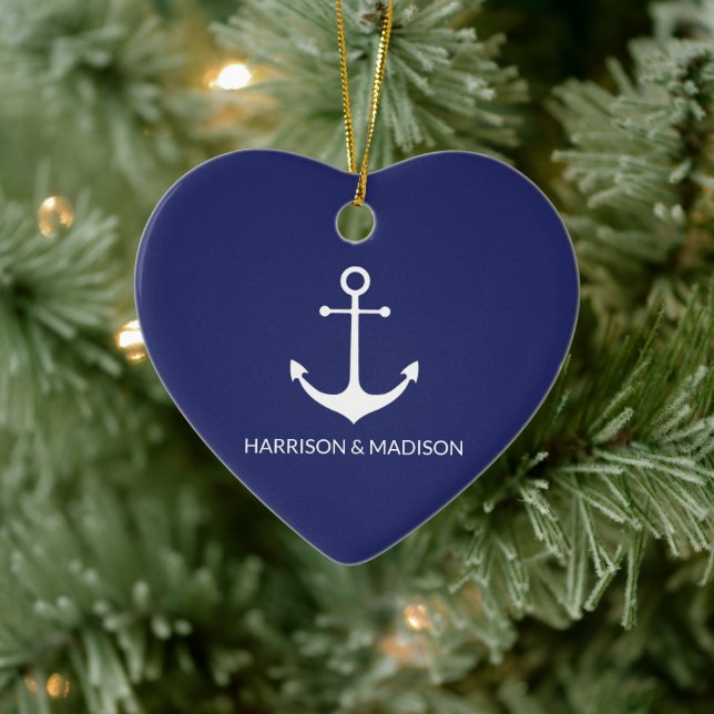 Nautical anchor navy blue custom family name heart ceramic ornament (Tree)