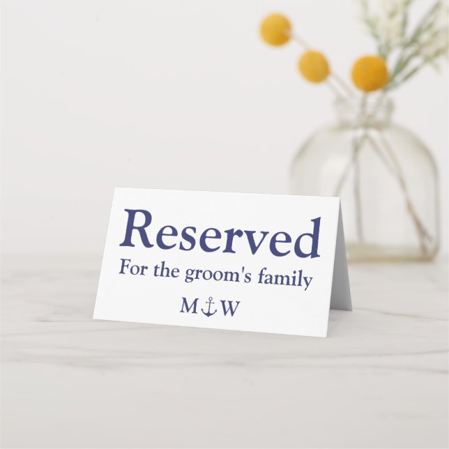Nautical anchor navy blue custom reserved Wedding Place Card (Front)