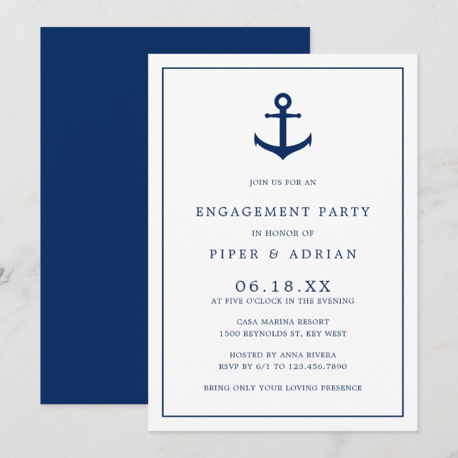 Nautical Anchor Navy Blue Elegant Engagement Party Invitation (Front/Back)