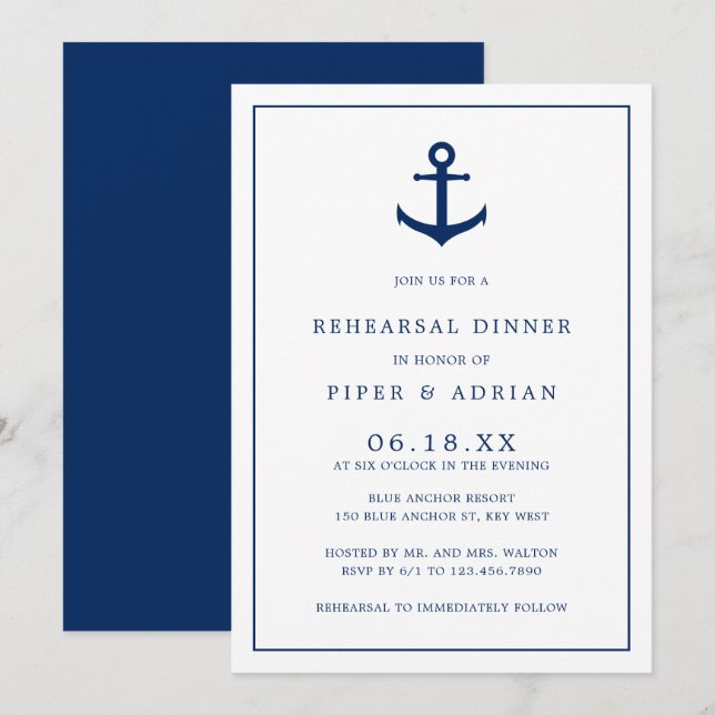 Nautical Anchor Navy Blue Elegant Rehearsal Dinner Invitation (Front/Back)