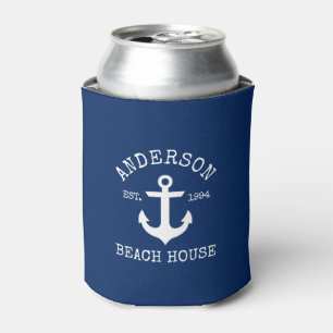 Nautical Anchor Navy Blue Family Beach House Can Cooler