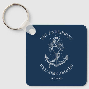 Nautical Anchor Navy Blue Family Name Key Ring