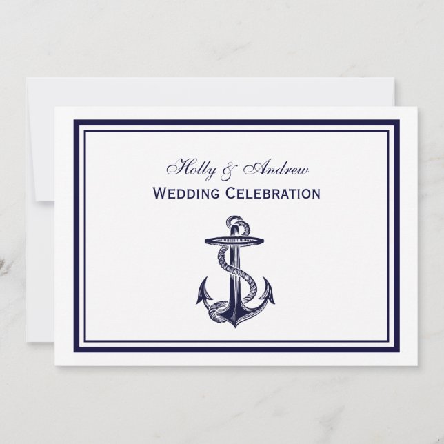 Nautical Anchor Navy Blue Framed 2H Wedding Invitation (Front)