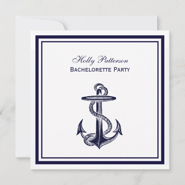 Nautical Anchor Navy Blue Framed 2SQ Bachelorette Invitation (Front)