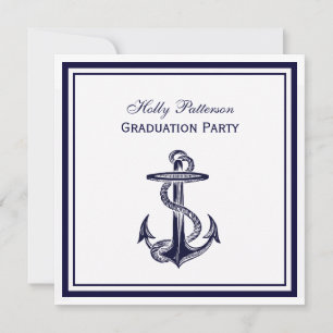 Nautical Anchor Navy Blue Framed 2SQ Graduation Invitation