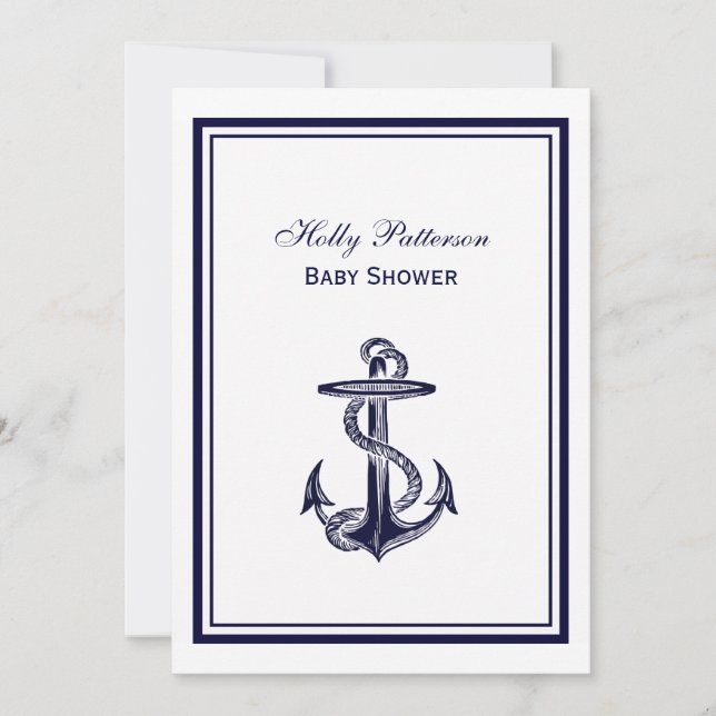 Nautical Anchor Navy Blue Framed 2V Baby Shower Invitation (Front)