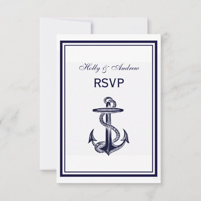 Nautical Anchor Navy Blue Framed 2V RSVP Card (Front)