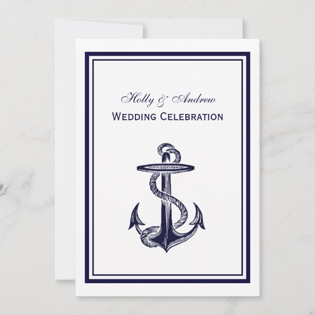 Nautical Anchor Navy Blue Framed 2V Wedding Invitation (Front)