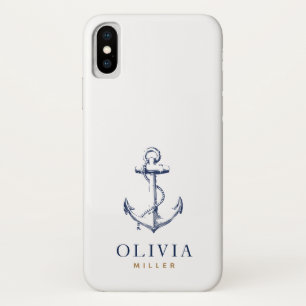 Nautical Anchor Navy Blue Gold Monogram iPhone X Case