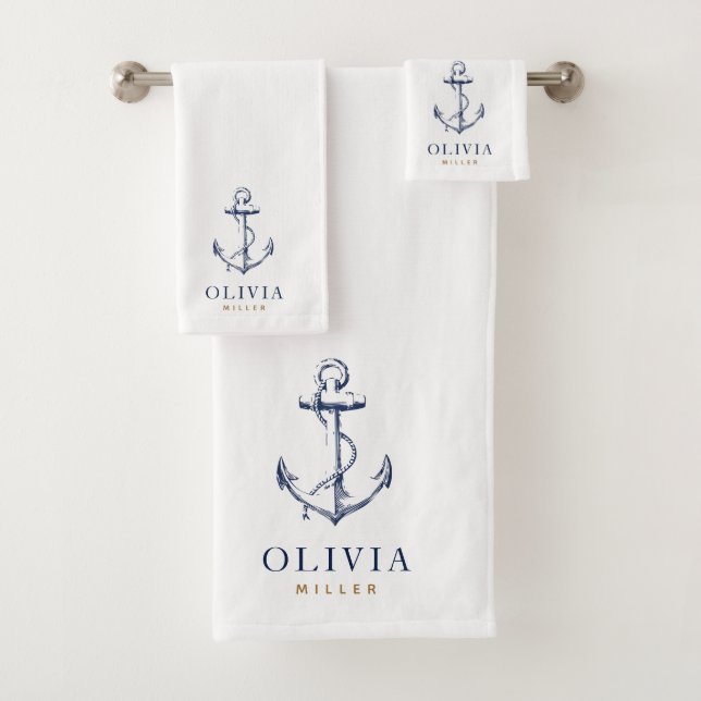 Nautical Anchor Navy Blue Monogram Beach Bath Towel Set (Insitu)