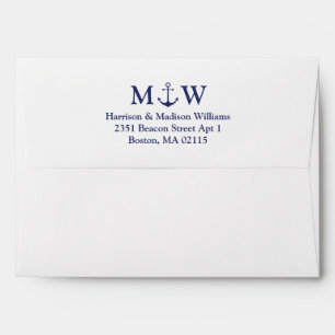Nautical anchor navy blue monogram wedding envelope