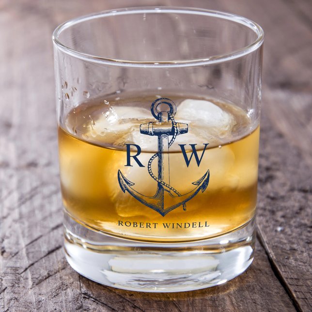 Nautical Anchor Navy Blue Monogram Whiskey Glass (Creator Uploaded)