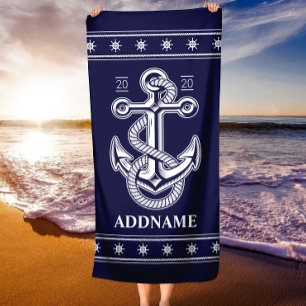 Nautical Anchor Navy Blue Personalised Beach Towel