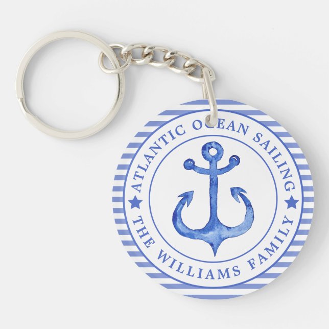 Nautical Anchor Navy Blue Personalised Key Ring (Front)