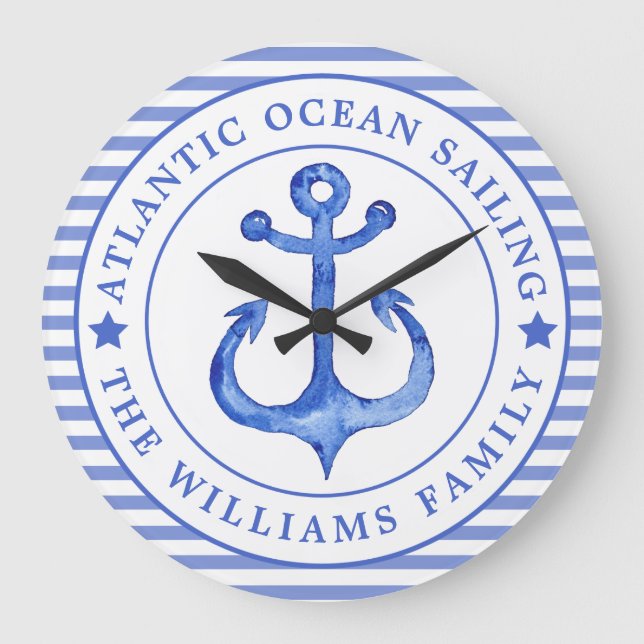 Nautical Anchor Navy Blue Personalised Large Clock (Front)
