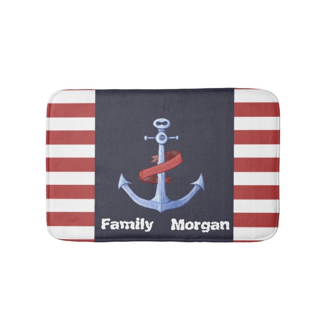 Nautical Anchor Navy Blue,Red Stripes Bath Bath Mat (Front)