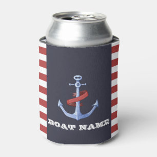 Nautical Anchor Navy Blue,Red Stripes Can Cooler