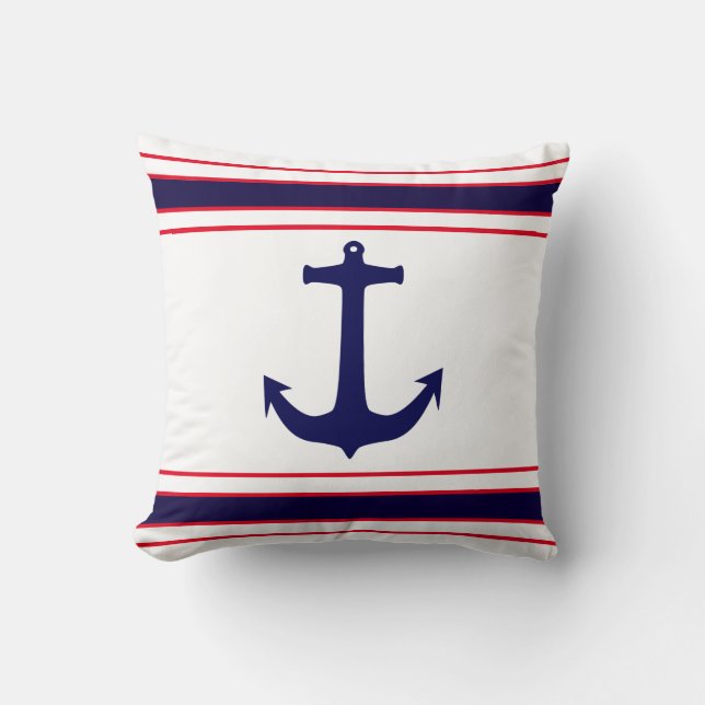 Nautical Anchor Navy Blue Red Stripes Cushion (Front)