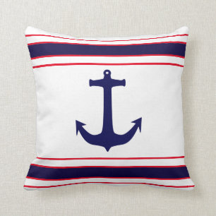 Nautical Anchor Navy Blue Red Stripes Cushion