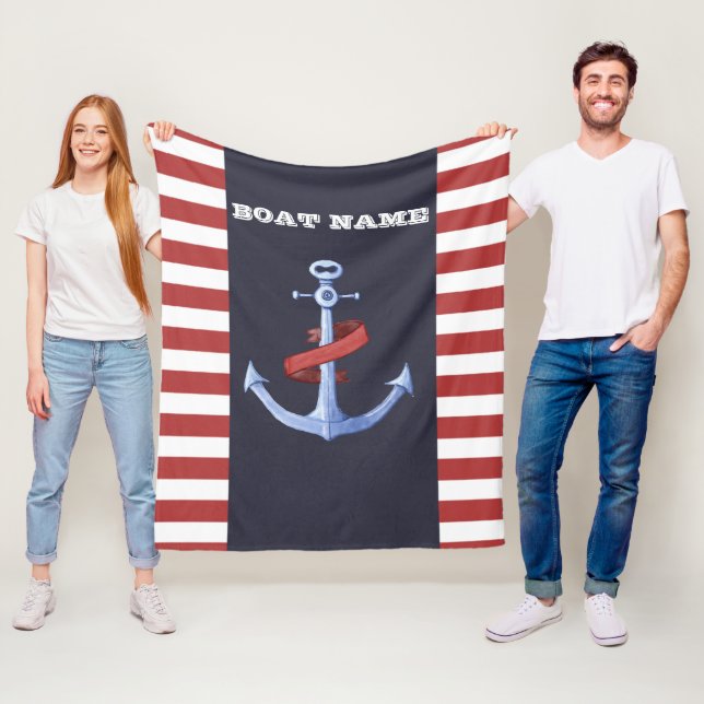Nautical Anchor, Navy Blue,Red Stripes Fleece Blanket (In Situ)