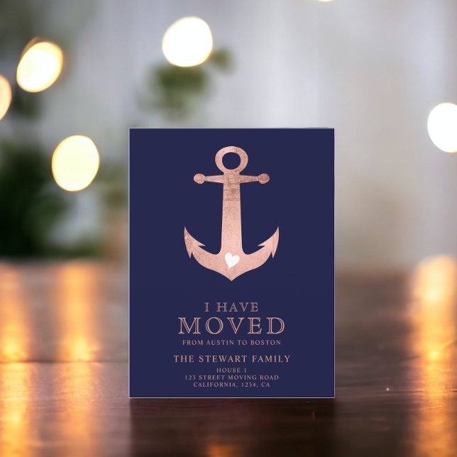 Nautical anchor navy blue rose gold home moving announcement postcard (Nautical anchor navy blue rose gold home moving announcement postcard)