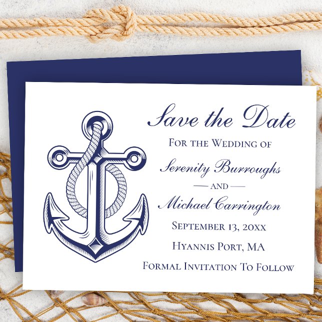 Nautical Anchor Navy Blue Save the Date Wedding Invitation (Creator Uploaded)
