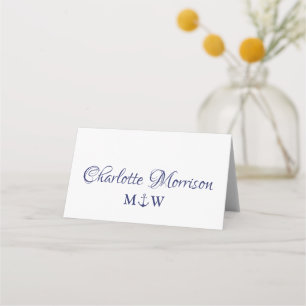Nautical anchor navy blue script monogram Wedding Place Card