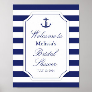 Nautical Anchor Navy Blue Stripe Bridal Shower Poster