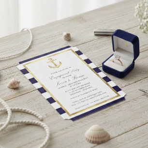 Nautical Anchor Navy Blue Stripe Engagement Party  Invitation