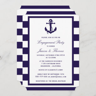 Nautical Anchor Navy Blue Stripe Engagement Party Invitation