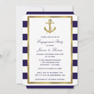 Nautical Anchor Navy Blue Stripe Engagement Party  Invitation