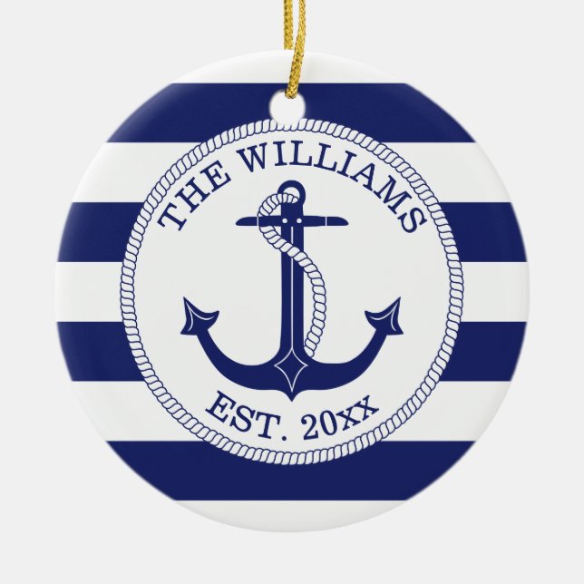 Nautical Anchor Navy Blue Stripe Monogrammed Ceramic Ornament (Front)