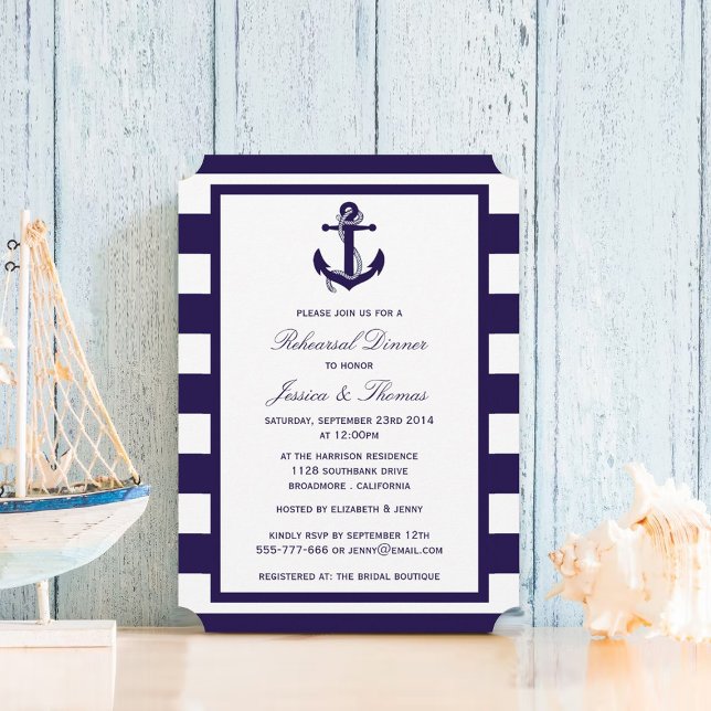 Nautical Anchor Navy Blue Stripe Rehearsal Dinner Invitation (Creator Uploaded)