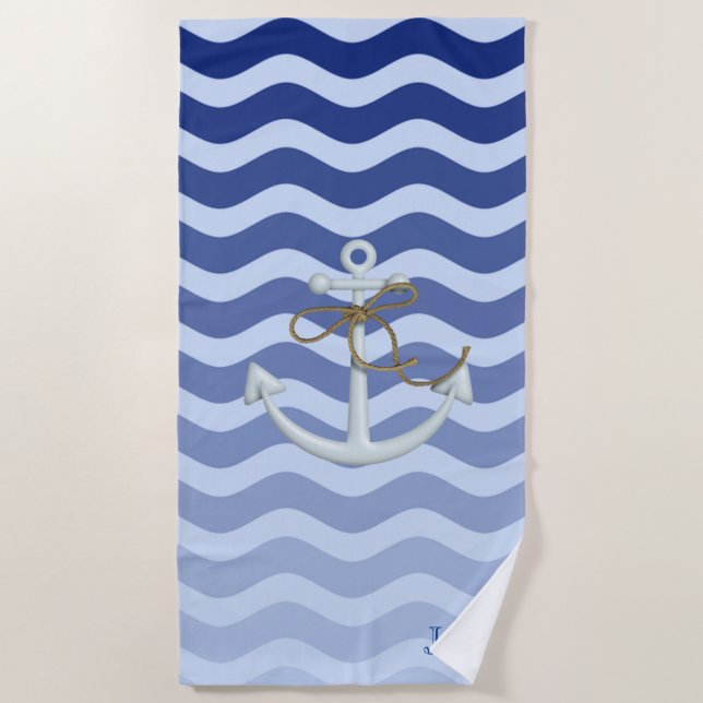 Nautical Anchor Navy Blue Stripe Waves Beach Towel (Front)