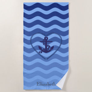 Nautical Anchor Navy Blue Stripe Waves Beach Towel