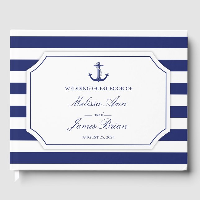 Nautical Anchor Navy Blue Stripe Wedding Guest Book (Front)