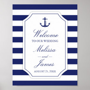 Nautical Anchor Navy Blue Stripe Wedding Poster