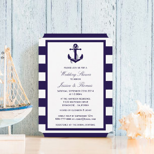 Nautical Anchor Navy Blue Stripe Wedding Shower Invitation