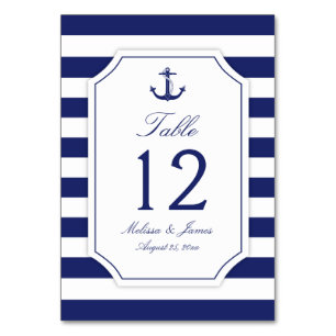 Nautical Anchor Navy Blue Stripe Wedding Table Number