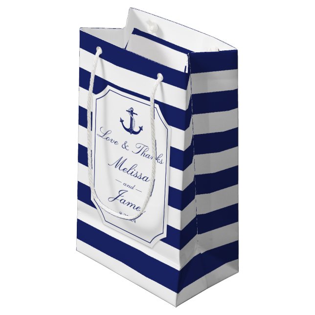 Nautical Anchor Navy Blue Stripe Wedding Thank You Small Gift Bag (Front Angled)