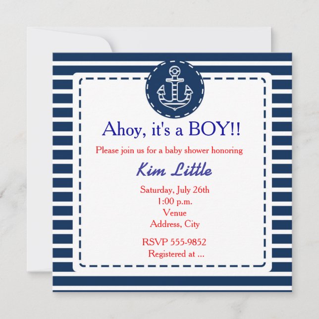 Nautical Anchor Navy Blue Striped Baby Shower Invitation (Front)