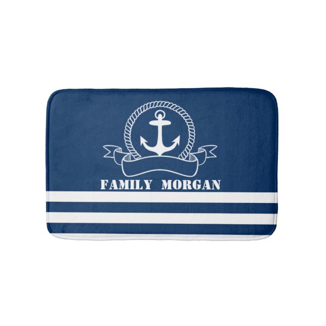 Nautical Anchor Navy Blue Striped  Bath Mat (Front)
