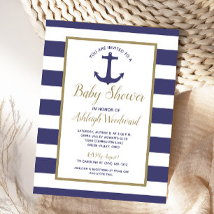 Nautical Anchor Navy Blue Striped Boy Baby Shower Invitation Postcard